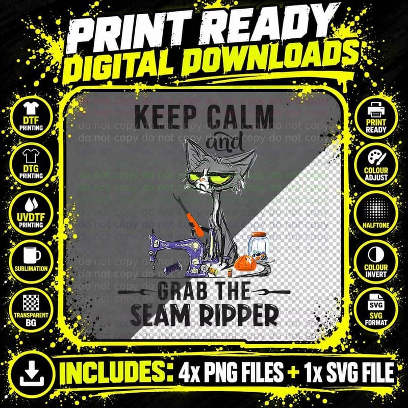 Keep Calm and Grab He Seam Ripper Crazy Cat Sewing Png SVG Digital Bundle
