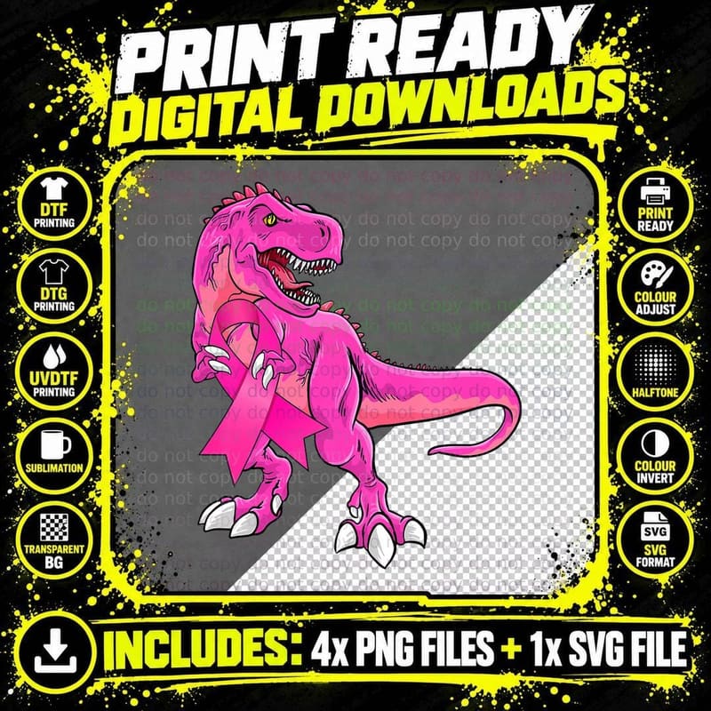Kids Pink Ribbon Dinosaur Breast Cancer Awareness Boys Png SVG Digital Bundle