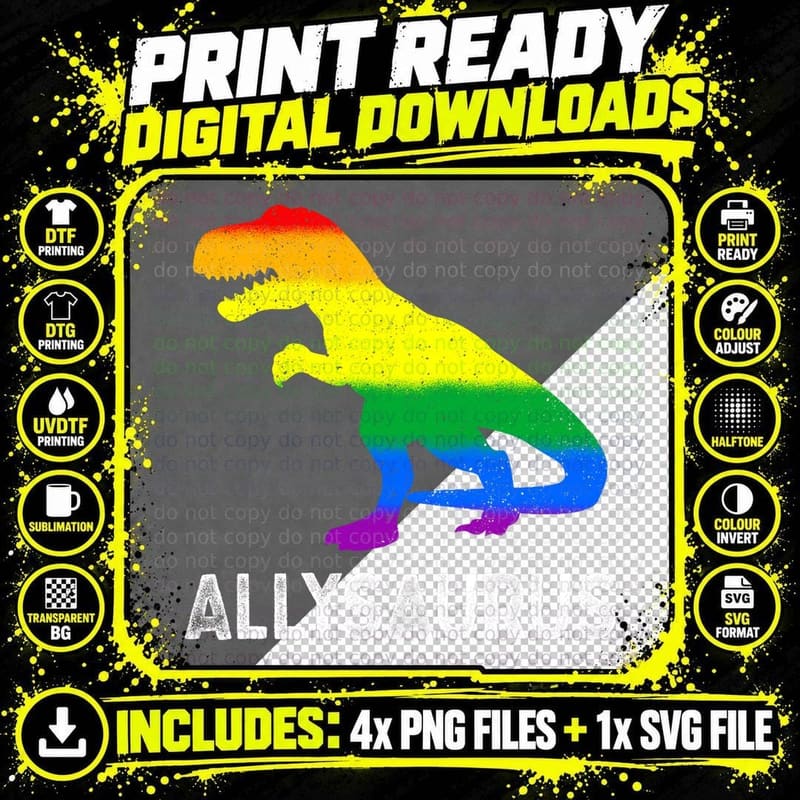 LGBT Ally Allysaurus Rainbow Dinosaur Pride Month Png SVG Digital Bundle