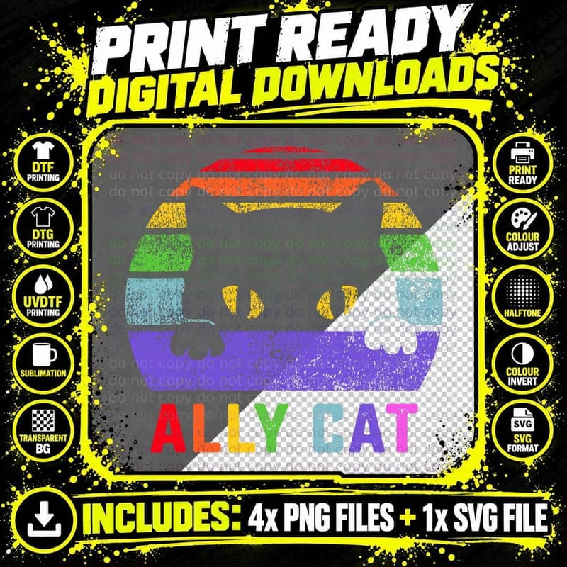 LGBT Ally Cat Be Kind Gay Rainbow Funny LGBTQ Gifts Png SVG Digital Bundle