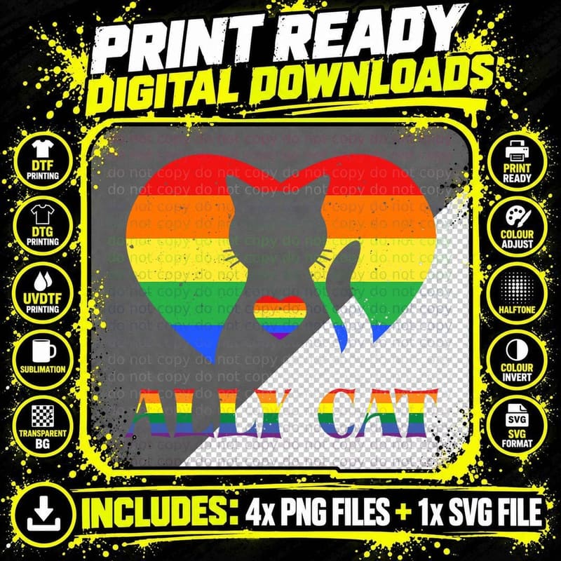 LGBT Ally Cat Be Kind Gay Rainbow Heart Funny Pride Png SVG Digital Bundle