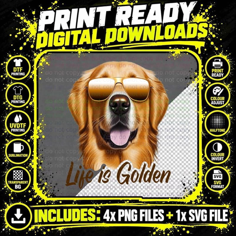 Life Is Golden Funny Golden Retriever Cute Dog Good Pet Png SVG Digital Bundle