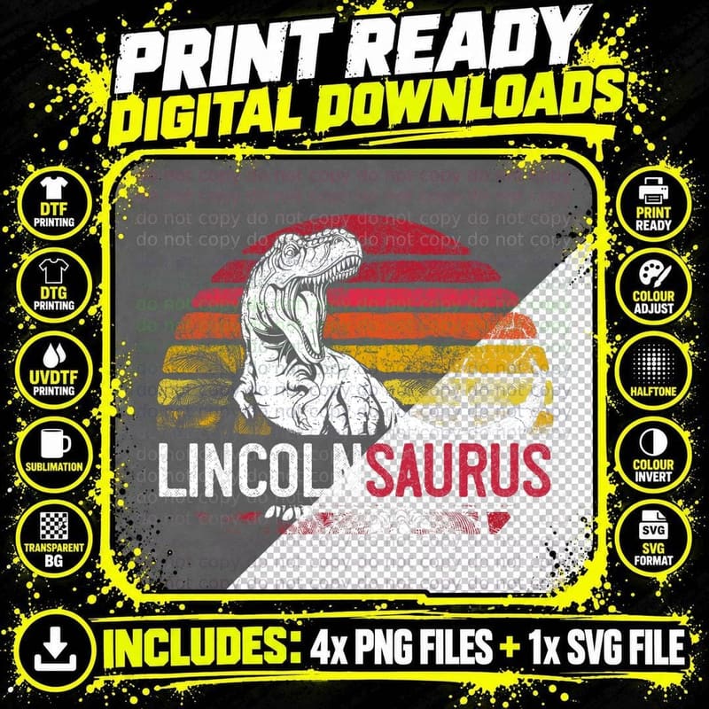 Lincoln Saurus Funny Personalized Dinosaur T Rex Name Png SVG Digital Bundle