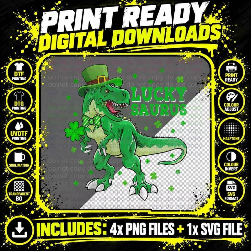 Luckysaurus Dinosaur T-Rex Shamrock St Patricks Day Boys Png SVG Digital Bundle