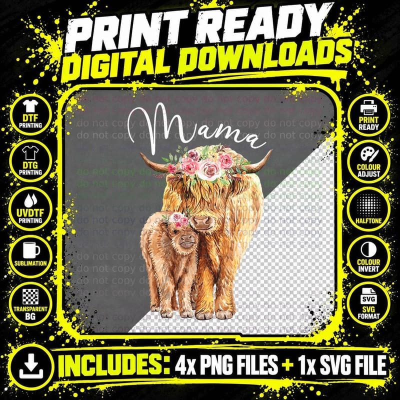 Mama Highland Cow with Baby Calf Floral Mothers Day Mom Png SVG Digital Bundle