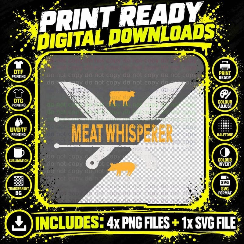 Meat Whisperer Cow Pig Crossed Chef Knives Distressed Png SVG Digital Bundle