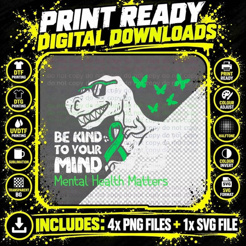 Mental Health Awareness Dino Funny Toddler Boy Cute Png SVG Digital Bundle