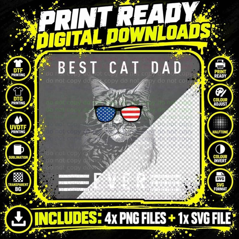 Meow Maine Coon Cat Best Cat Dad Ever Funny Cat Maine Png SVG Digital Bundle