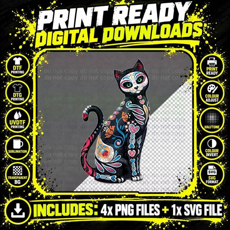 Mosaic Sugar Skull Cat Art Hoodie Gift Print Png SVG Digital Bundle