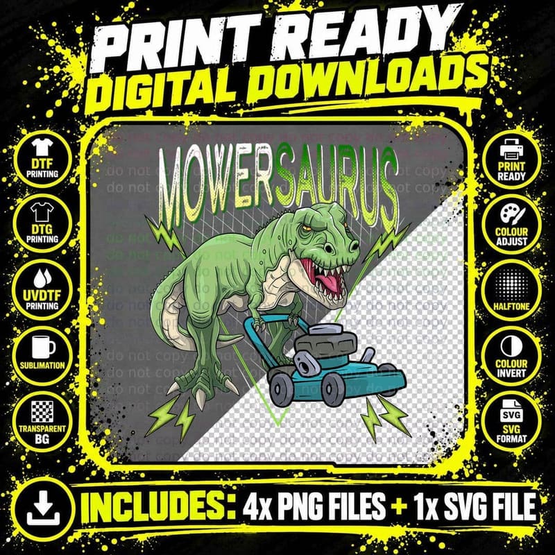 Mowersaurus T Rex Dinosaur Lawn Mowing for Boys Lawn Png SVG Digital Bundle