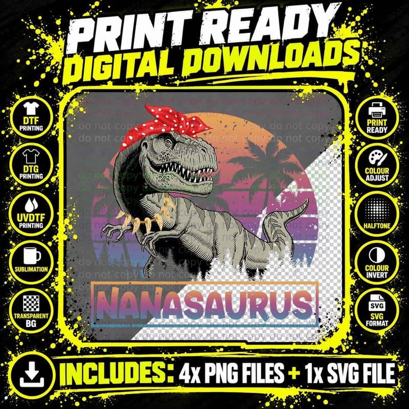 Nanasaurus T Rex Dinosaur Funny Vintage Nana Saurus Png SVG Digital Bundle