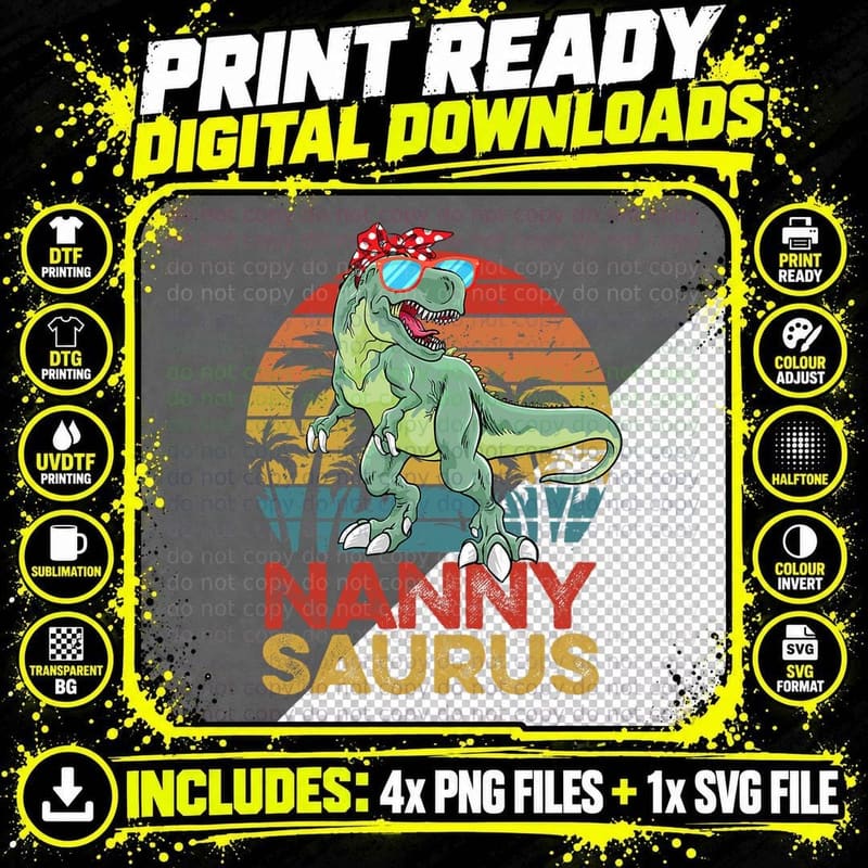 Nannysaurus T Rex Dinosaur Funny Vintage Nanny Saurus Png SVG Digital Bundle