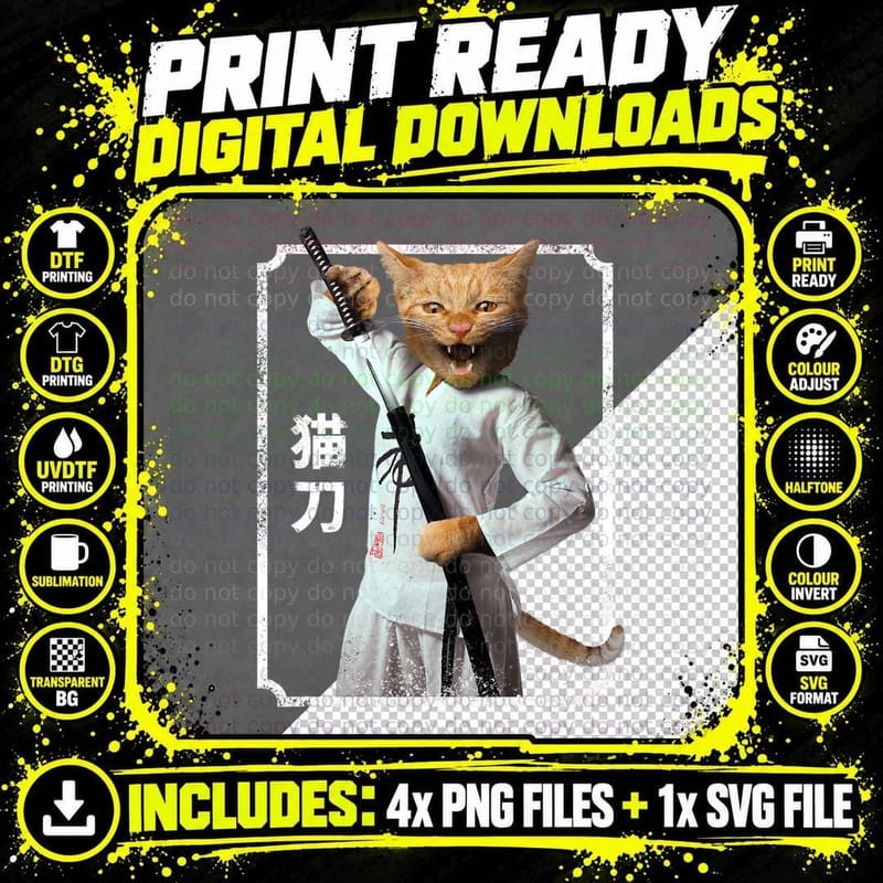 Ninja Cat, Samurai Funny Cat, Japanese Style T-Shirt Png SVG Digital Bundle