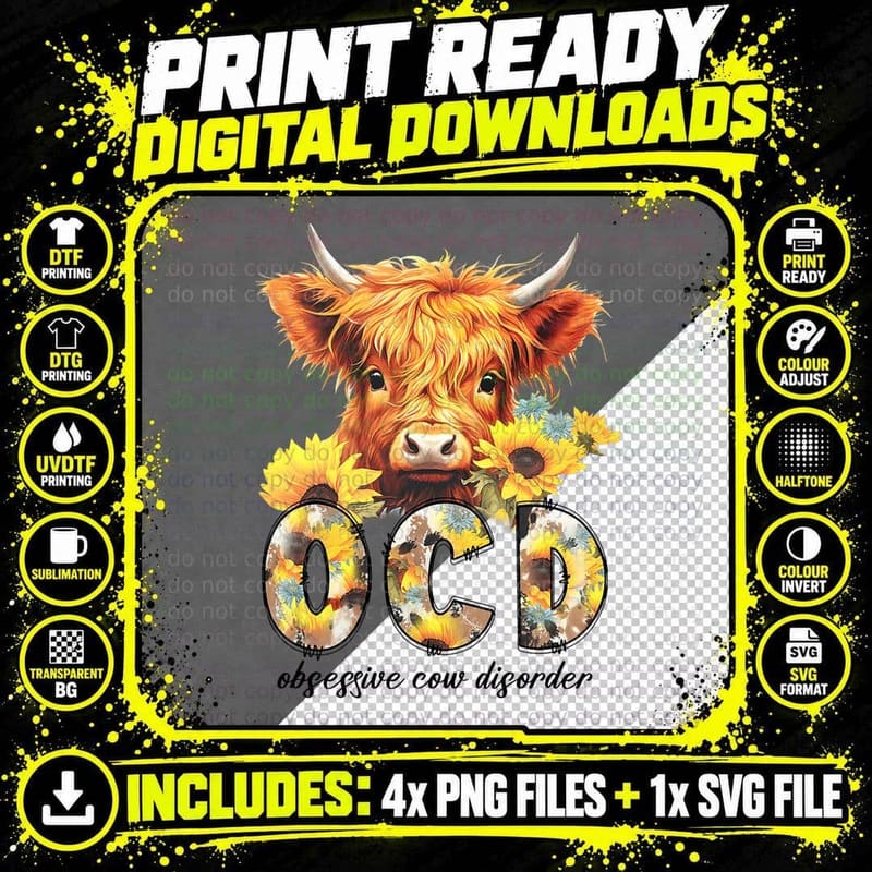 OCD Obsessive Cow Disorder Sunflower Heifer Cow Women Png SVG Digital Bundle