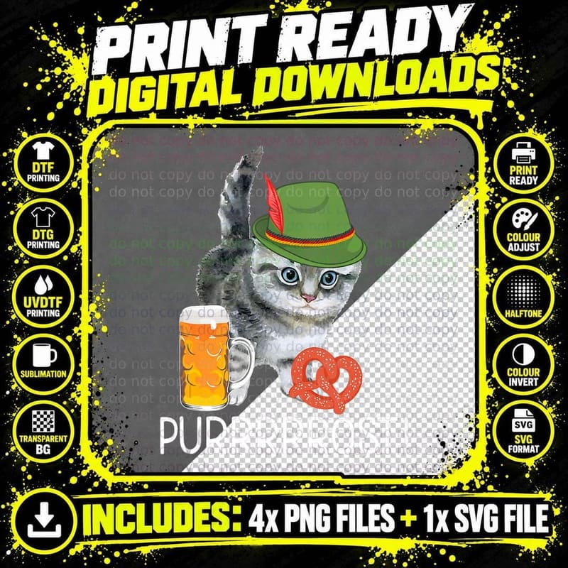 Oktoberfest Beer Cat Funny German Drinking Cheers Png SVG Digital Bundle