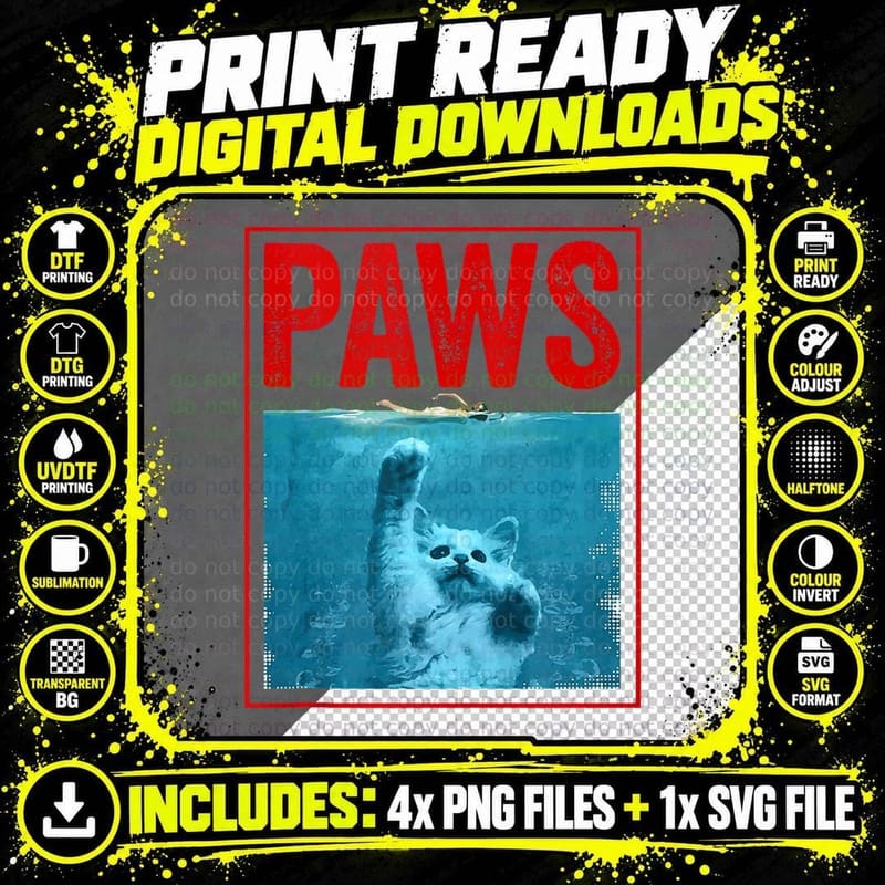 PAWS Funny Cat Kitten for Shark and Cat Lovers Png SVG Digital Bundle