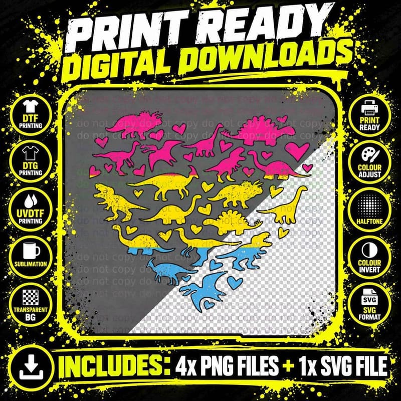 Pansexual Heart LGBT-Q Gay Pride Flag Dinosaur Men Png SVG Digital Bundle