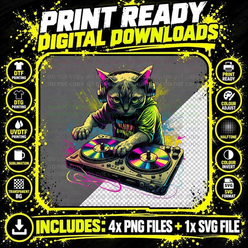 Party Disco Cat DJ Cat House Cat Rainbow DJ Cat Kitty Png SVG Digital Bundle