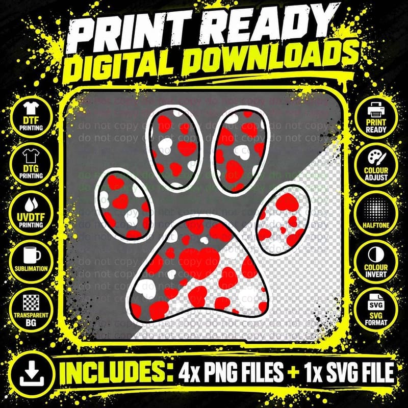 Paw Print Heart Pattern Valentines Day Cute Dog Puppy Png SVG Digital Bundle