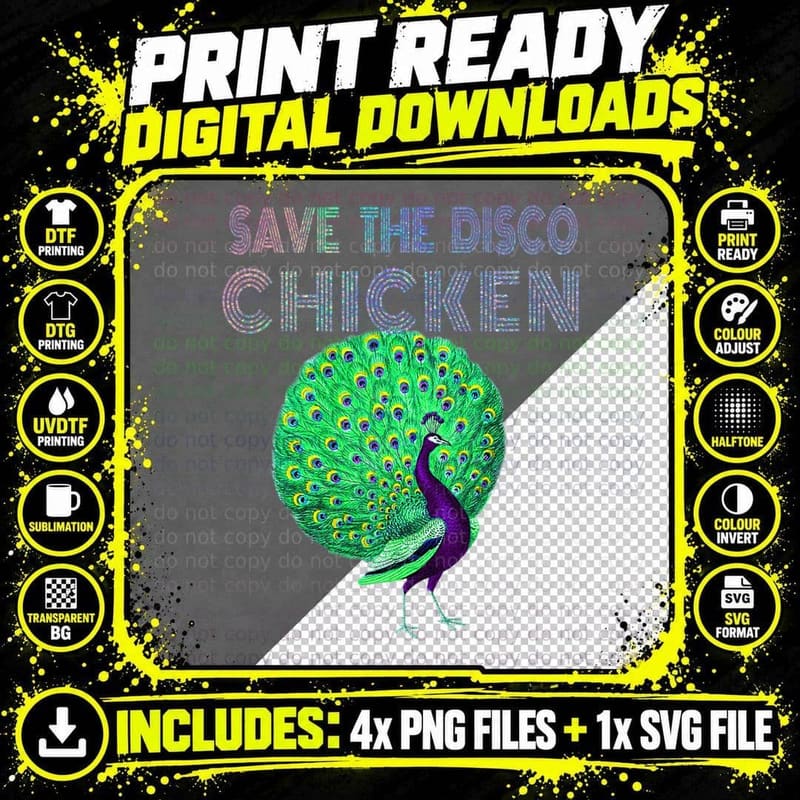 Peacock Save Disco Chicken Peacock Lover Pun Gift Png SVG Digital Bundle