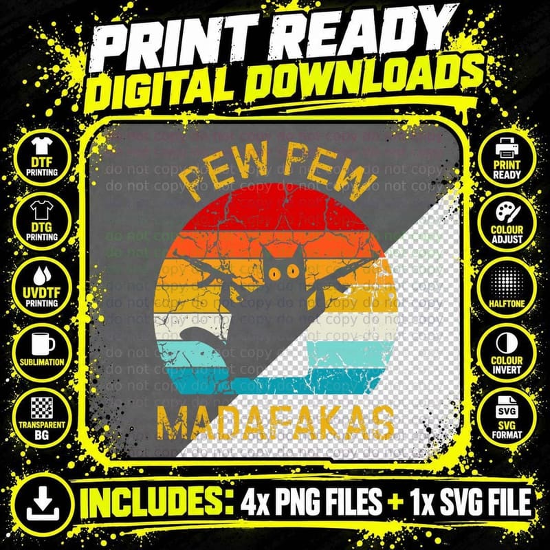 Pew Madafakas Pew Guns Funny Black Cat Retro Vintage Png SVG Digital Bundle