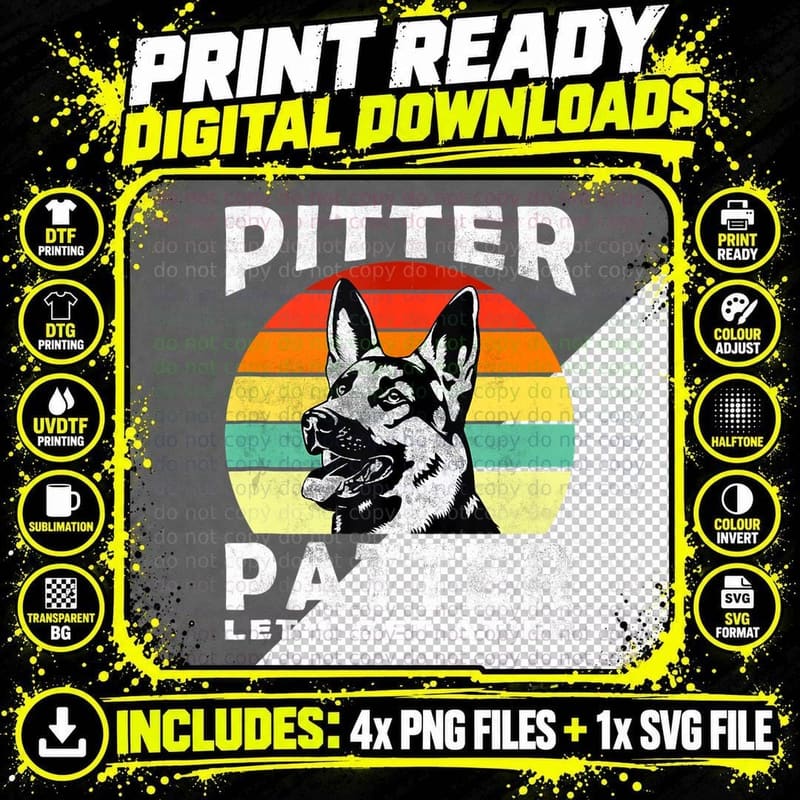 Pitter T Patter German Shepherd Dog Funny Vintage Retro Png SVG Digital Bundle