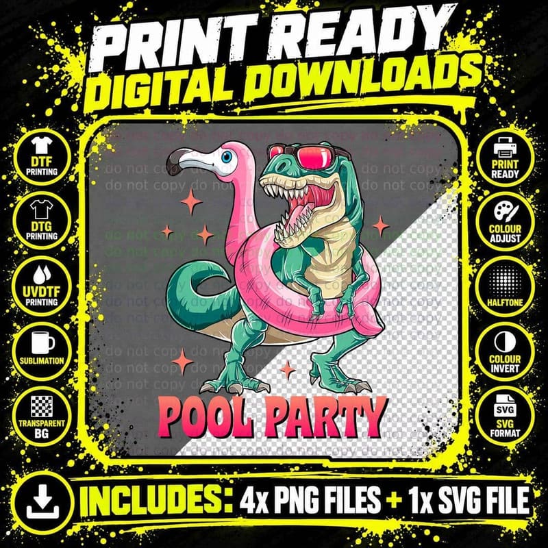 Pool Party Dinosaur Pink Flamingo Float Funny T Rex Png SVG Digital Bundle