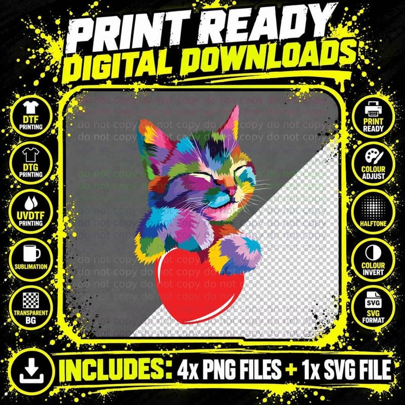 Rainbow Cute Cat Hugging Heart Kitty Love Cat T-Shirt Png SVG Digital Bundle