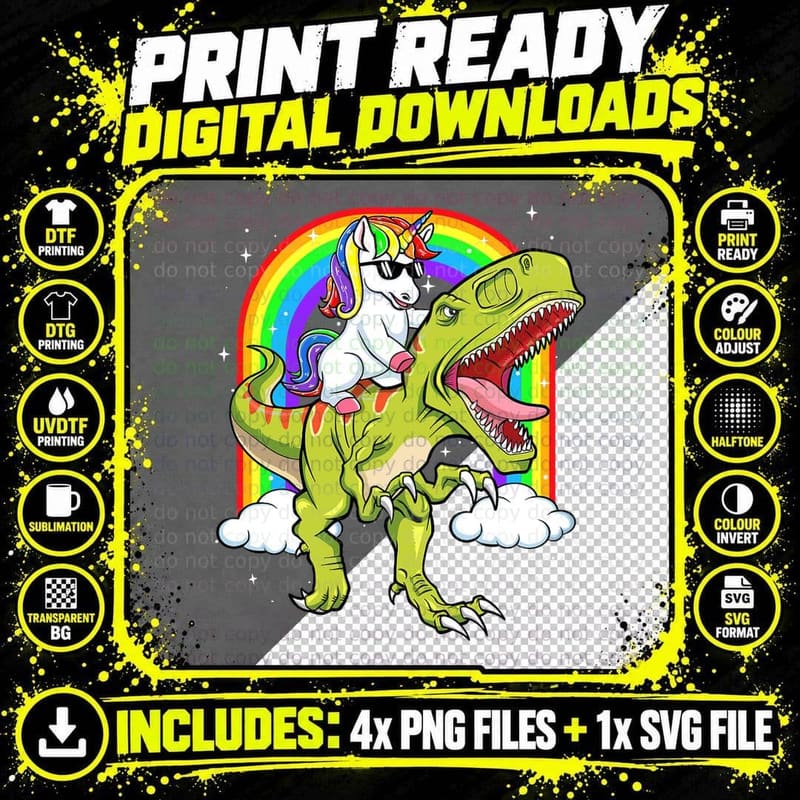 Rainbow Unicorn Riding T Rex - Dinosaur Boys Girls Men Png SVG Digital Bundle