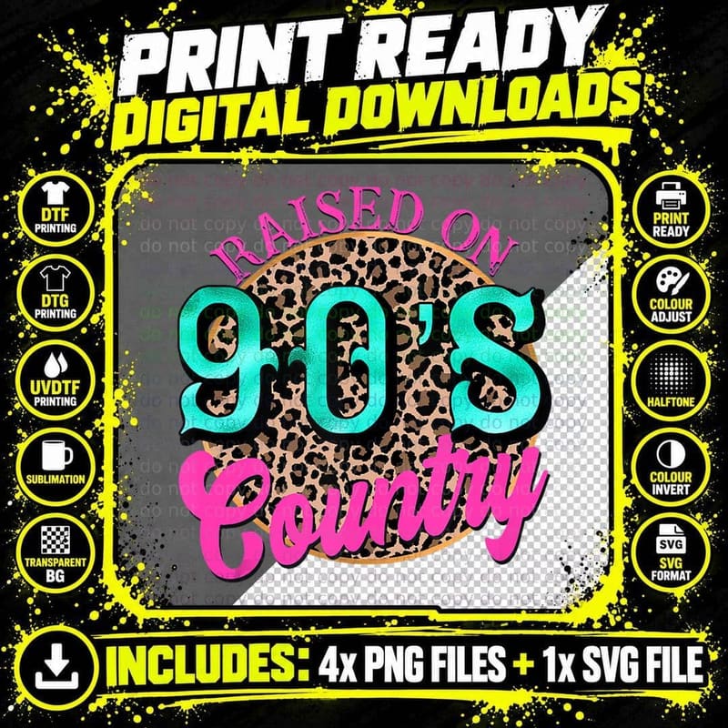 Raised on 90's Country Retro Music Leopard Cow Girl Png SVG Digital Bundle