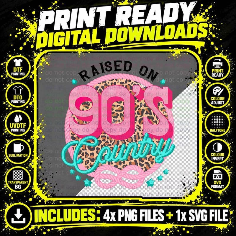 Raised on 90's Country Vintage Cow Look T-Shirt Png SVG Digital Bundle