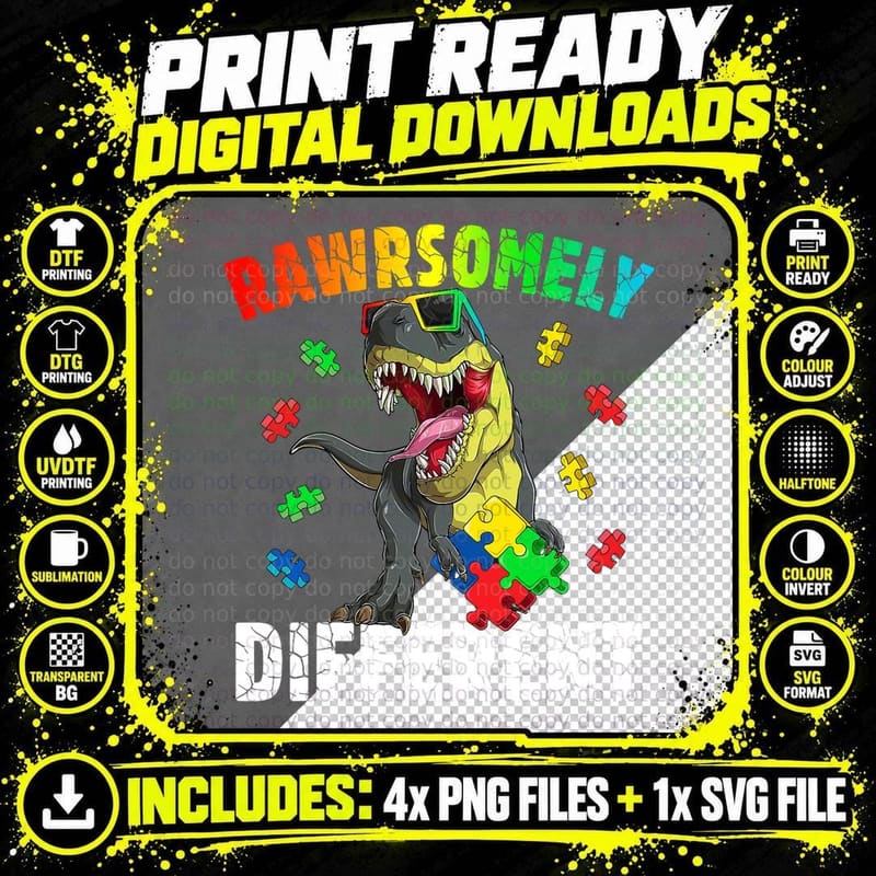 Rawrsomely Different Dinosaur Autism Awareness Puzzle Png SVG Digital Bundle