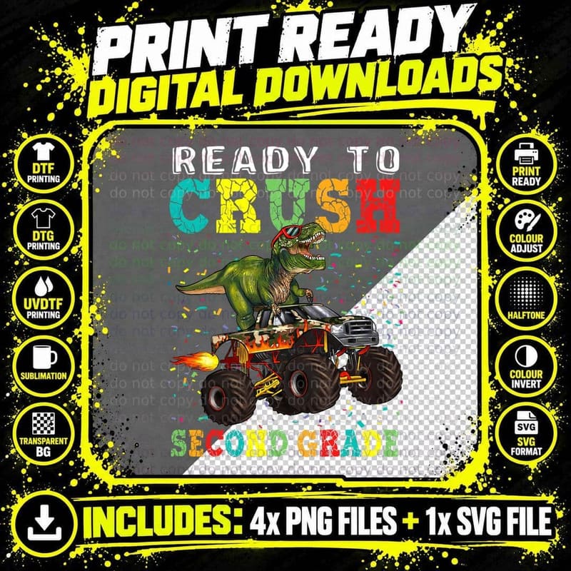 Ready to Crush Second Grade Dinosaur Boys Back to School Png SVG Digital Bundle