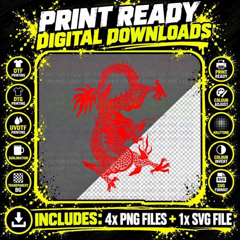Red Tribal Dragon Chinese Firedrake Art Print T-Shirt Png SVG Digital Bundle