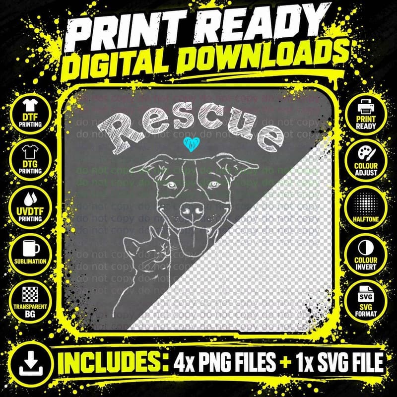 Rescue Dog and Cat Drawing, Rescue Pet Png SVG Digital Bundle