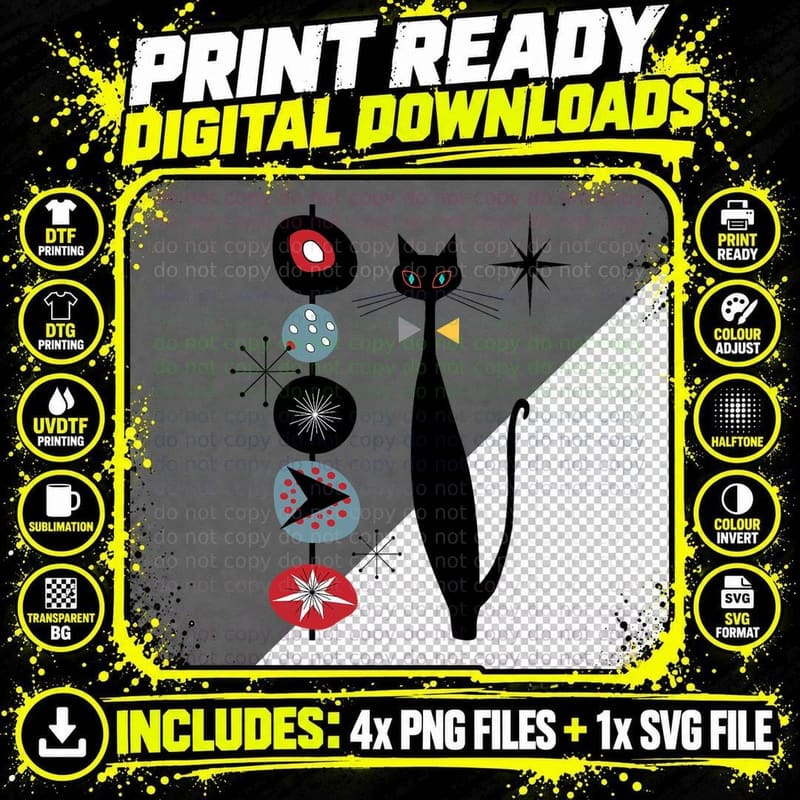 Retro Style Atomic Era Mid Century Cool Cat T-Shirt V2 Png SVG Digital Bundle