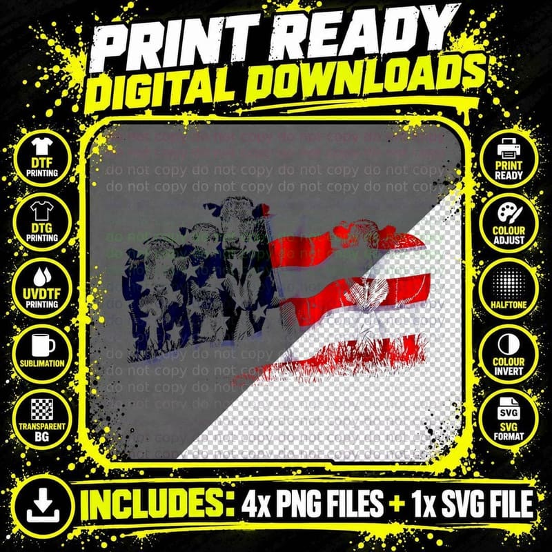 Retro US Flag Cow Herd Western July 4th Patriot Farmers Png SVG Digital Bundle