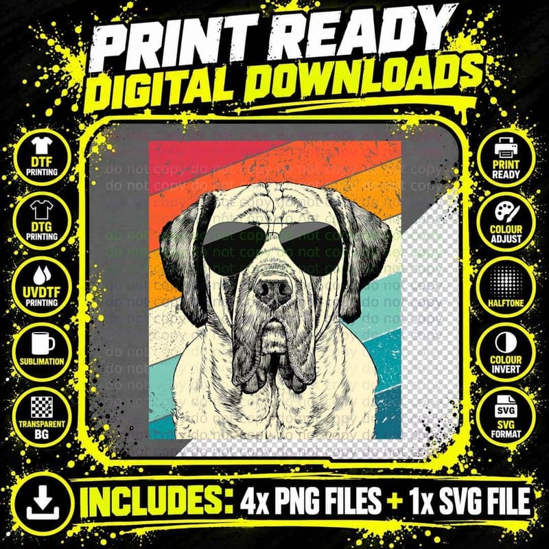 Retro Vintage English Mastiff with Sunglasses Dog Lovers Png SVG Digital Bundle