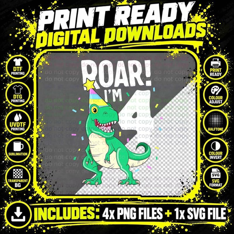 Roar I'm 4 T Rex Birthday Dinosaur Happy Fourth 4th Png SVG Digital Bundle