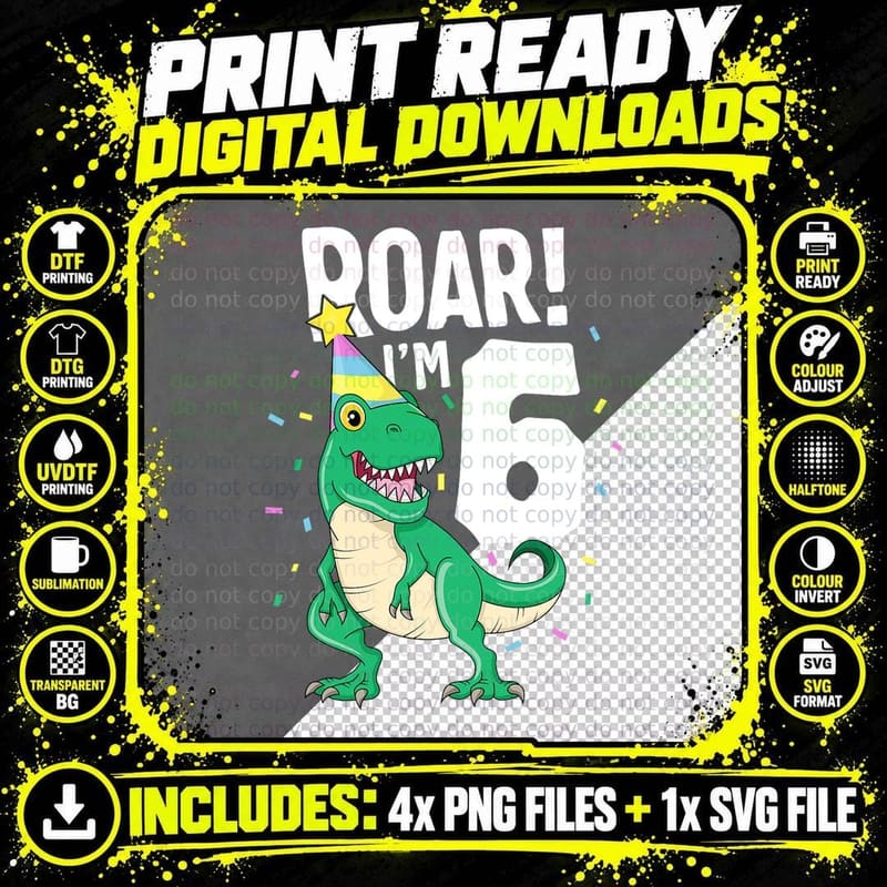 Roar I'm 6 T-Rex Birthday Dinosaur Happy Six 6th Party Png SVG Digital Bundle