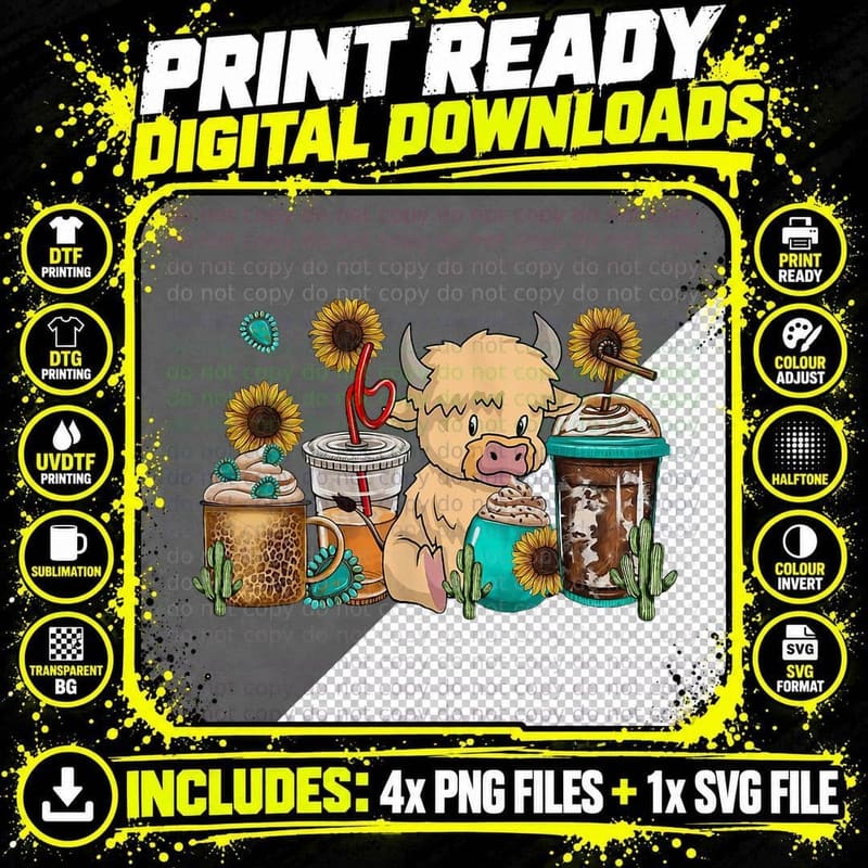 Scottish Highland Cow Print Drinking Coffee Cactus Png SVG Digital Bundle