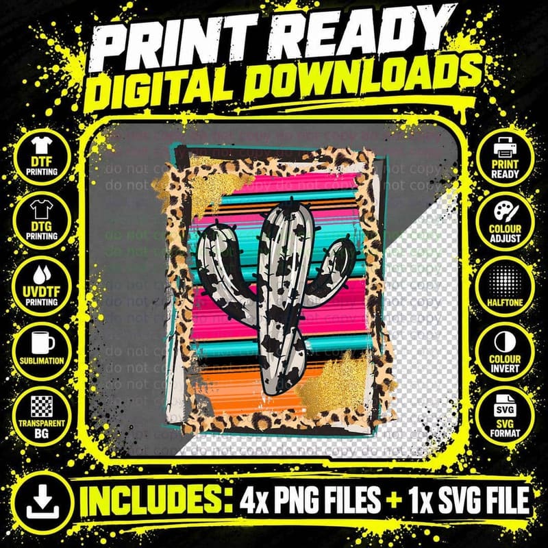Serape Cactus - Leopard Cow Pattern Print Cowgirl Rodeo Png SVG Digital Bundle