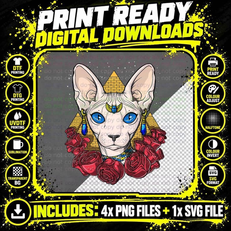 Sphynx Cat Hairless Cat Egyptian Goddess Bastet Pyramids Png SVG Digital Bundle