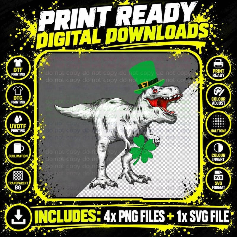 St Patrick's Day Dinosaur T Rex Four Leaf Clover Kids Png SVG Digital Bundle