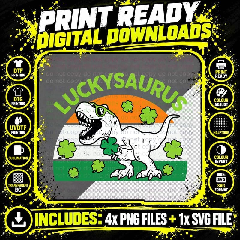 St Patricks Day Dinosaur Trex Luckysaurus Boy Toddler Png SVG Digital Bundle