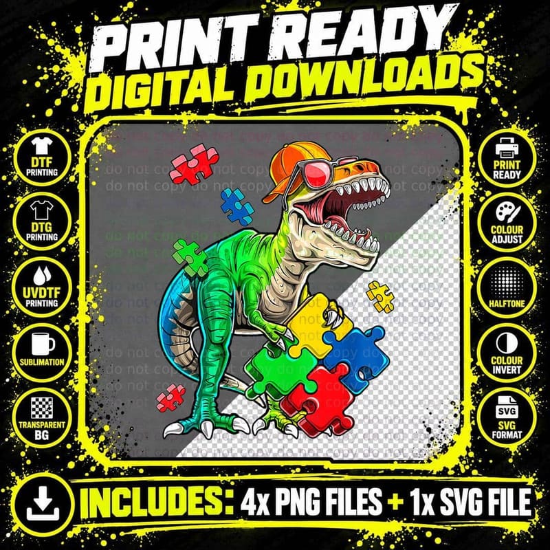 T Rex Dinosaur Autism Awareness Puzzle Piece S Kids Png SVG Digital Bundle