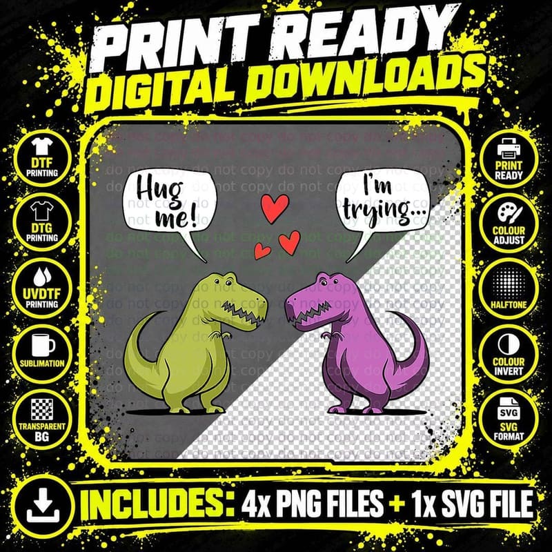 T Rex Dinosaur Couple Hug Me Valentines Day Funny Girls Png SVG Digital Bundle