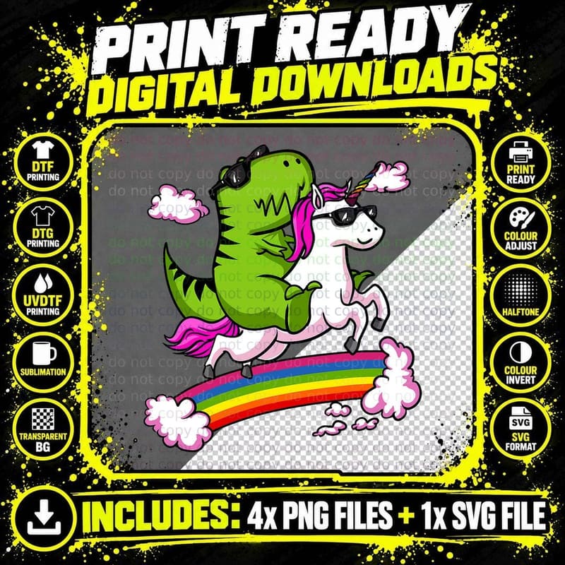 T-Rex Dinosaur Riding Unicorn Funny Rainbow Girls Boys Png SVG Digital Bundle