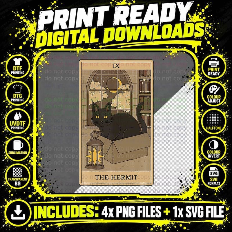 The Hermit Black Cat Tarot Card Reader Gothic Occult Png SVG Digital Bundle