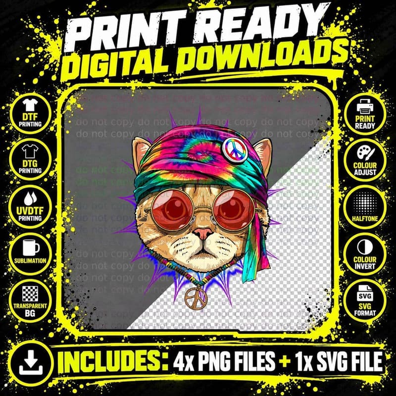 Tie Dye Cat Hippy Psychedelic Cat Peace Sign Cat Lover Png SVG Digital Bundle